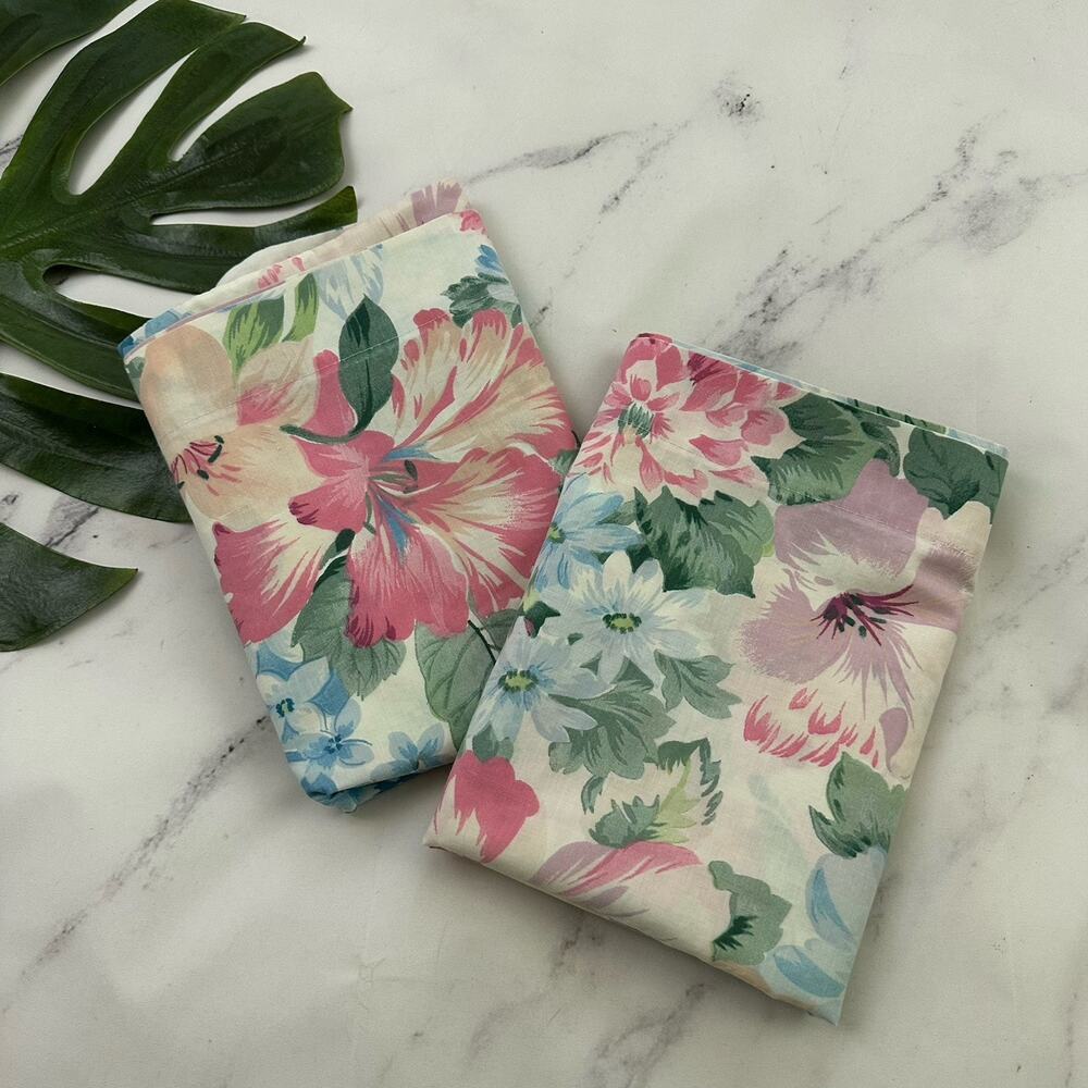Vintage 90s King Size Pillowcases Set of 2 Green Pink Floral Cotton Poly Cottage